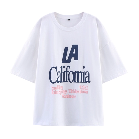Women Casual White T-Shirt American Retro LA California Letter Print Round Neck Short Sleeve Cotton Blend Oversized Top