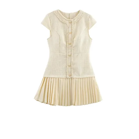 Elegante Abito Mini in Tweed Crema Patchwork a Pieghe da Donna Girocollo Manica Corta Bottone Oro Nappa Abito Mini a Trapezio Street