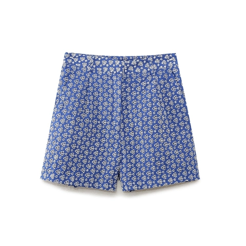 Damen Baumwollshorts Hohe Taille Blumenstickerei Casual Sommer A-Linie Lose Stickerei Strandhose Vintage Blau Weiß Shorts