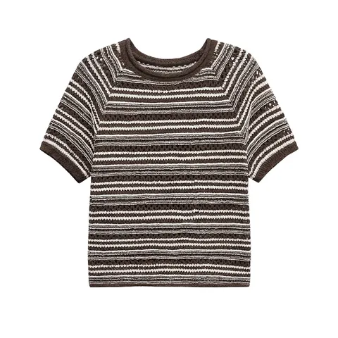 Women's Casual Stripe Knit T-Shirt Hollow Out Crochet Round Neck Short Sleeve Top Brown White Striped Button Knitwear