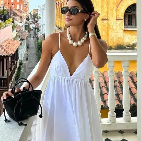 Vestito Bianco Sexy Con Scollo a V e Schiena Scoperta Spalline Sottili Donna Elegante Vacanza Linea a A Abito Lungo Estivo