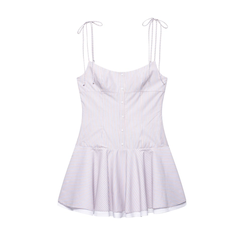 Robe Mini Cami à Rayures Multicolores pour Femmes Bretelles à Nouer Ourlet à Volants Été Décontracté Sans Manches Fermeture Éclair Dos Robe Trapèze