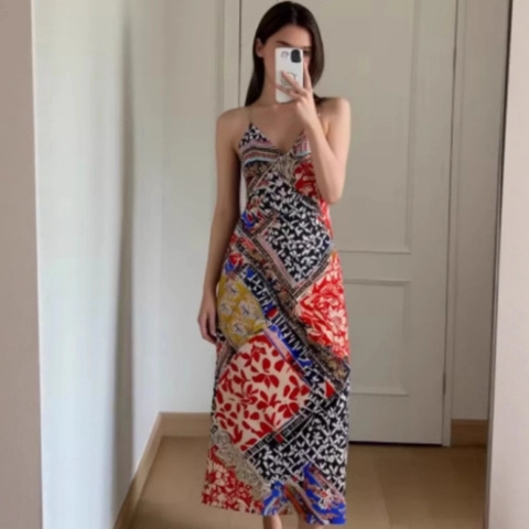 Γυναικείο Μποέμ Patchwork Midi Φόρεμα Λαιμόκοψη V Χωρίς Μανίκια Ξύλινες Χάντρες Ρυθμιζόμενες Τιράντες Καλοκαιρινό Παραλία