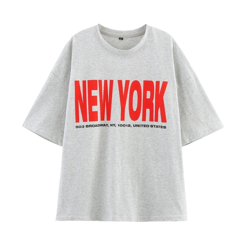 Women Streetwear Cotton Blend New York Letter Print T-Shirt Oversized Drop Shoulder Crew Neck Short Sleeve Top Heather Gray