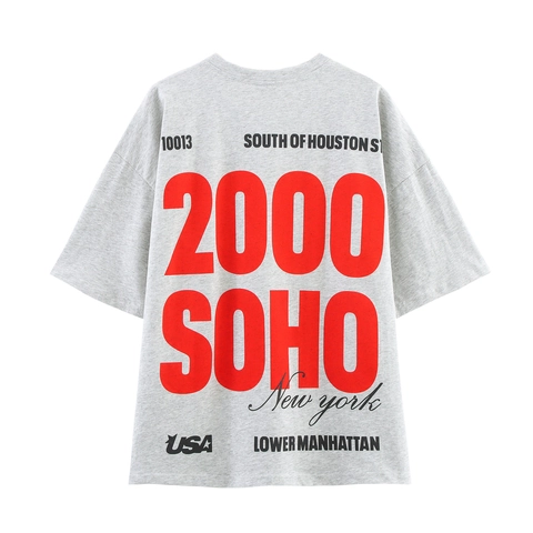 Women Streetwear Cotton Blend New York Letter Print T-Shirt Oversized Drop Shoulder Crew Neck Short Sleeve Top Heather Gray