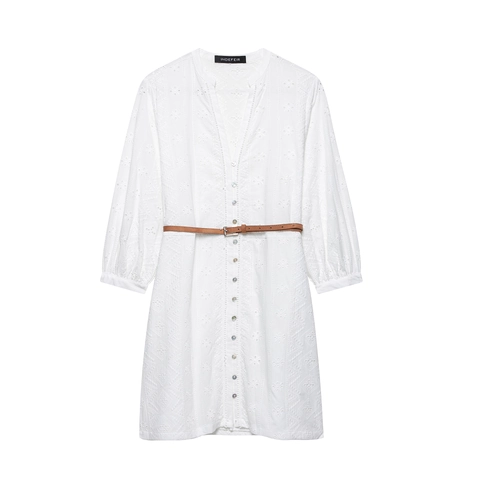 Abito da Donna Bianco con Ricamo a Occhiello Scollo a V Monopetto Con Cintura Marrone Manica Lunga Misto Cotone Casual Vacanza