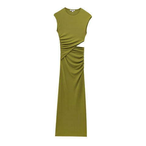 Damen Rundhals Ärmellos Seitenausschnitt Raffung Maxikleid Olivgrün Sommer Slim Fit Sexy Pendeln Elegant Langes Kleid