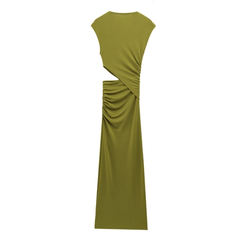 Damen Rundhals Ärmellos Seitenausschnitt Raffung Maxikleid Olivgrün Sommer Slim Fit Sexy Pendeln Elegant Langes Kleid