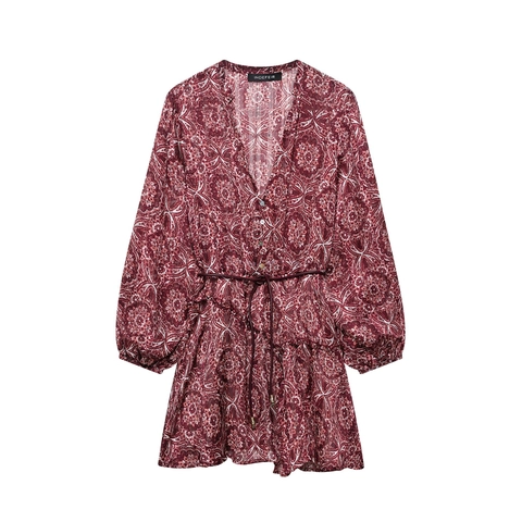 Vestido Bohemio Estampado Paisley Cuello V Manga Linterna Para Mujer Vintage Borgoña Aspecto Gasa Mini Vestido Línea A Fiesta