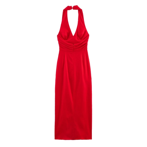 Women Halter Neck Deep V Neck Ruched High Slit Midi Dress Sexy Solid Color Sleeveless Elegant Evening Party Bodycon Dress