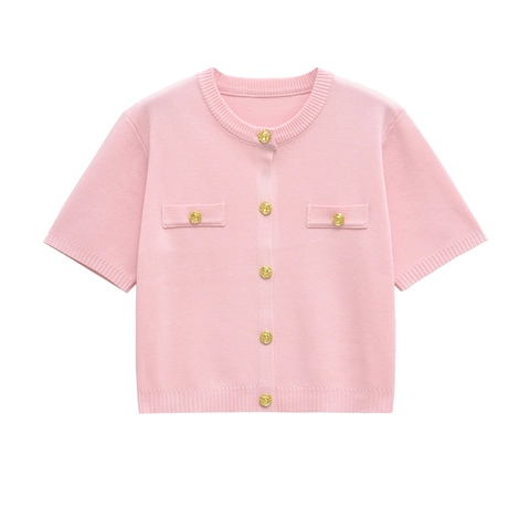 Damen Elegant Rosa Strickrock Set Kurzarm Strickjacke Und A-Linie Minirock Mit Dekorativen Goldknöpfen Lässiger Ausflug