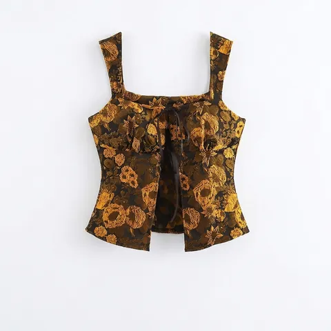 Vintage Jacquard Floral Camisole Top For Women Square Neck Wide Straps Bow Tie Sexy Cropped Tank Top Black Gold Flower Blouse