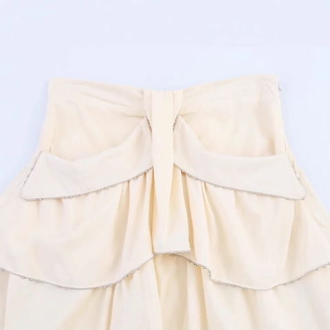 Französischer Gestufter A-Linien-Rock Aus Polyester Mit Rüschen Und Perlenbesatz Cremeweiß Sexy Party Minirock Für Damen