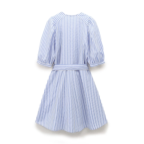 Sommer Damen Gestreiftes Popeline Mini Kleid Puffärmel Schleife Taille A-Linie Lässiges Kurzes Kleid Blau Weiß Streetwear