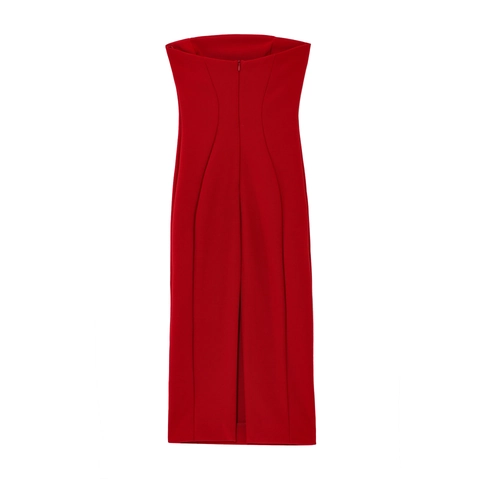 Elegante Rode Strapless Bodycon Midi-jurk voor Dames Polyester Mix Slim Fit Achtersplit Avondfeest Banket Jurk