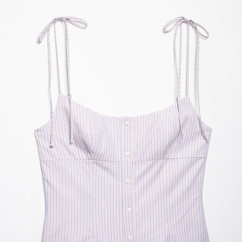 Robe Mini Cami à Rayures Multicolores pour Femmes Bretelles à Nouer Ourlet à Volants Été Décontracté Sans Manches Fermeture Éclair Dos Robe Trapèze