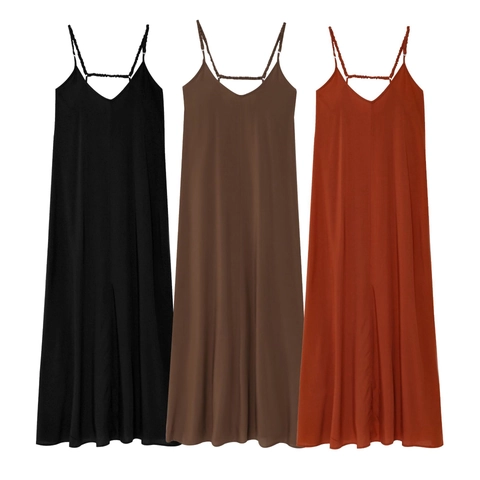 Vestido Maxi de Verano Minimalista para Mujer con Cuello en V y Tirantes Spaghetti Elegante Suelto de Algodón Tencel Sin Mangas Color Sólido