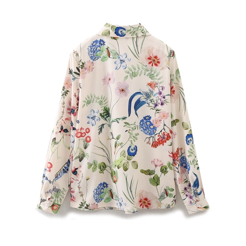 Damen Vintage Blumenmuster Satin Langarm Hemd Elegante Revers Knopf Bluse Mit Brusttasche Frühling Mode Tops