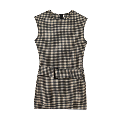 Women Summer Sleeveless Mini Dress With Belt Elegant Round Neck High Waist Plaid Solid A-Line Casual Streetwear Lady Short Dress