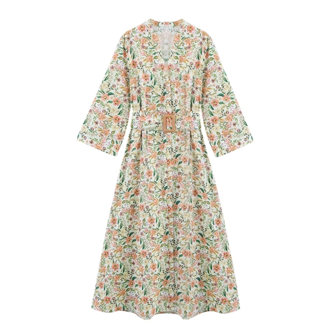 Vestito Maxi da Donna con Stampa Floreale Scollo a V Manica Lunga Cintura Linea A Estate Vacanza Boho Spiaggia Abito Lungo