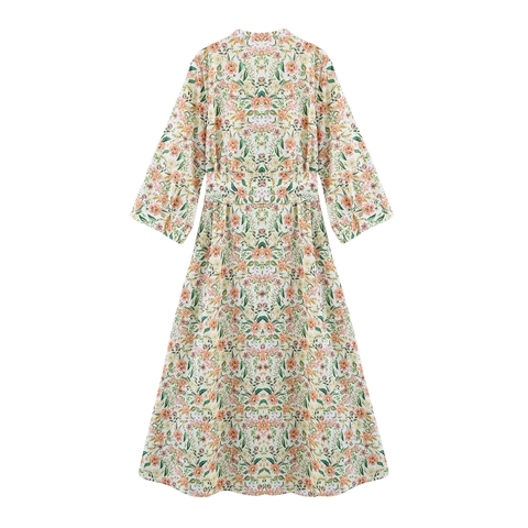 Vestito Maxi da Donna con Stampa Floreale Scollo a V Manica Lunga Cintura Linea A Estate Vacanza Boho Spiaggia Abito Lungo