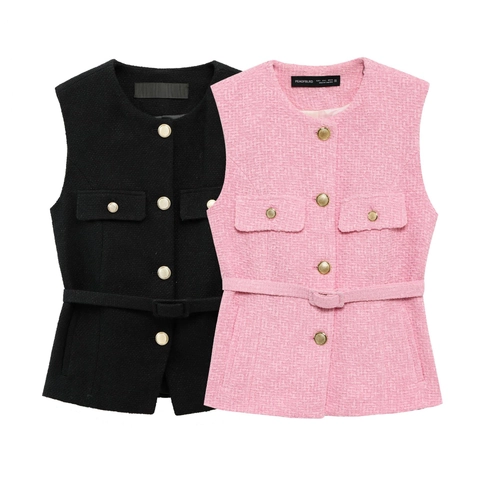 Damen Elegante Tweed Weste Ärmellos Mit Gold-Metallknöpfen Und Gürtel Rundhals Slim Fit Texturierte Weste Oberteil
