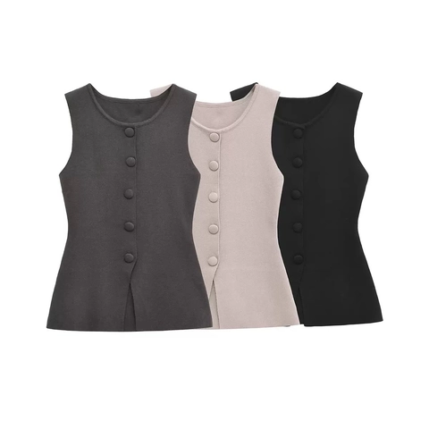 Women Casual Knit Tank Top Mercerized Cotton Sleeveless Slim Fit U-Neck Button Up Vest Solid Color Summer Basic Top