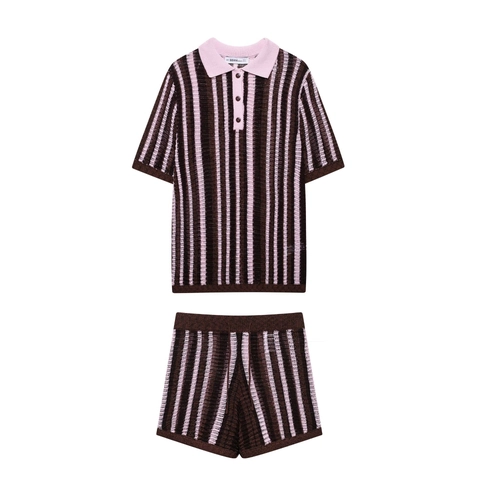 Tenue Femme Vintage en Tricot à Rayures Polo Et Short Décontracté Crochet Col en V Manches Courtes Marron Rose
