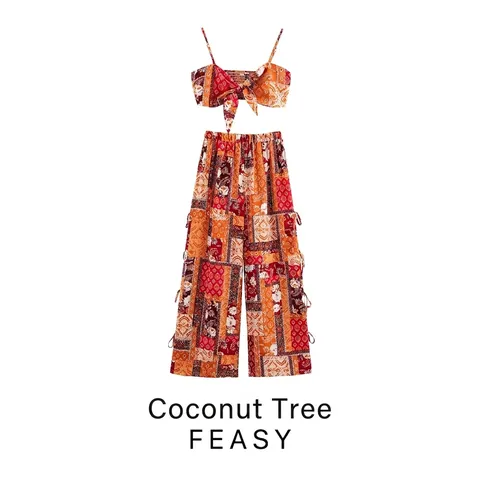 Crop Top da Donna con Stampa Paisley Bohemian e Pantaloni Larghi Estate Vacanza Casual Patchwork Stile Etnico Outfit