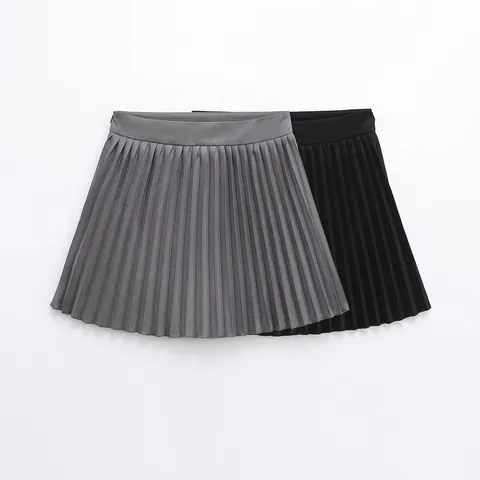Damen High Waist Plissee Mini Rock A-Linie Preppy Stil Einfarbig Kurzer Rock Für Mädchen Schwarz Grau Polyester Rock