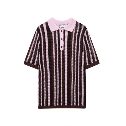 Tenue Femme Vintage en Tricot à Rayures Polo Et Short Décontracté Crochet Col en V Manches Courtes Marron Rose