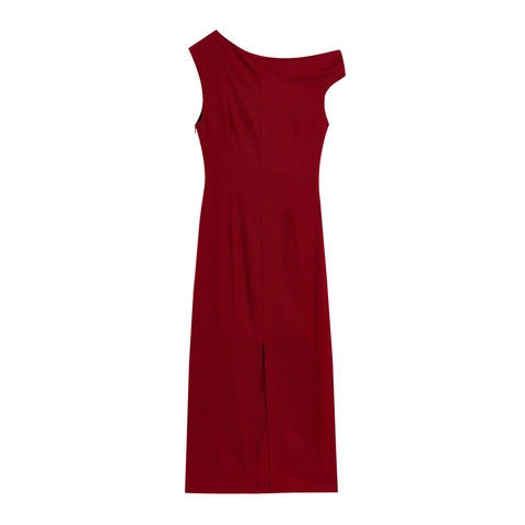 Vestido Midi de Mujer de Un Hombro Asimétrico Sin Mangas Fruncido Con Hebilla de Metal Dorado Elegante Poliéster Color Sólido