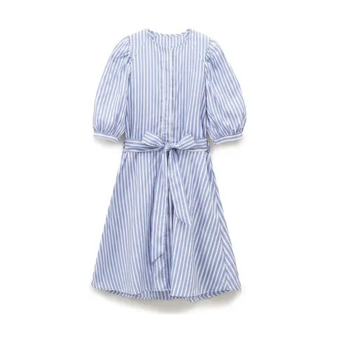 Sommer Damen Gestreiftes Popeline Mini Kleid Puffärmel Schleife Taille A-Linie Lässiges Kurzes Kleid Blau Weiß Streetwear