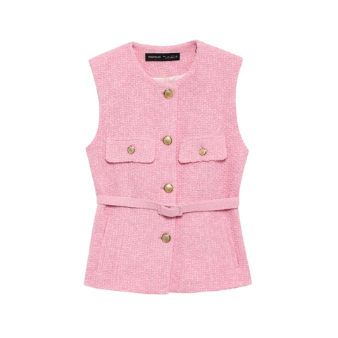 Damen Elegante Tweed Weste Ärmellos Mit Gold-Metallknöpfen Und Gürtel Rundhals Slim Fit Texturierte Weste Oberteil