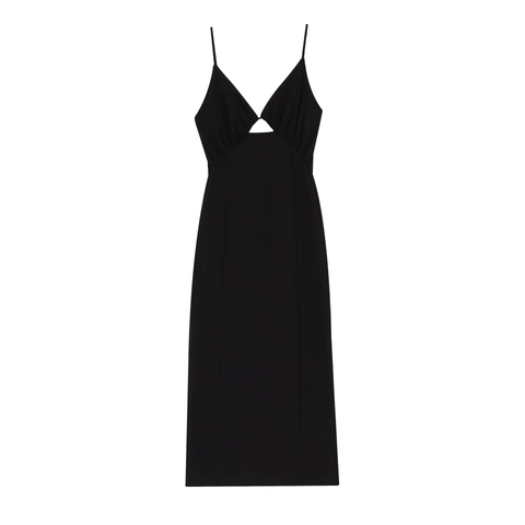 Donna Elegante Scollo a V Intagliato Abito a Sottoveste Sexy Schiena Scoperta Increspato Spacco Laterale Senza Maniche Nero Maxi Abito