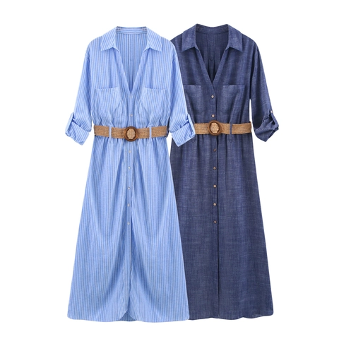 Abito Midi a Camicia in Lino da Donna Con Cintura Righe Tinta Unita Manica Corta Casual Estate Bottoni Tasca Ufficio