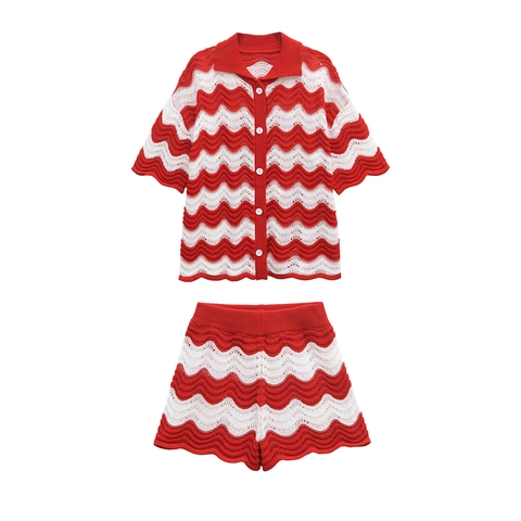 Camisa de Manga Corta Con Botones a Rayas Onduladas de Punto Calado para Mujer Y Pantalones Cortos Conjuntos Combinados Color en Contraste Chevron Prendas de Punto de Verano