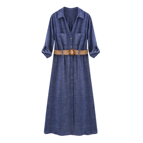 Abito Midi a Camicia in Lino da Donna Con Cintura Righe Tinta Unita Manica Corta Casual Estate Bottoni Tasca Ufficio