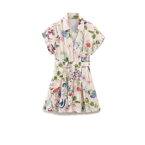Dames Casual Zomer Bloemenprint Korte Mouw Overhemdjurk Button Down A-Lijn Mini-Jurk Met Tailleriem Botanisch Patroon Top