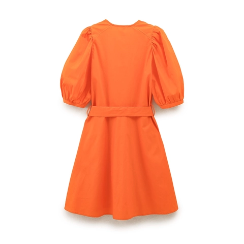 Elegante Midi Jurk Met Pofmouwen Voor Dames Oranjerood Katoenmix Hoge Taille A-Lijn Ronde Hals Strikceintuur Zomerjurk
