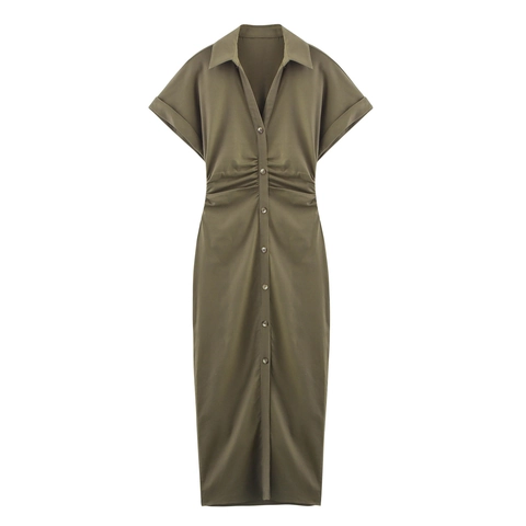 Abito Midi in Lino da Donna con Scollo a V e Vita Arricciata Monopetto a Maniche Corte Abito Camicia Casual Ufficio Estate