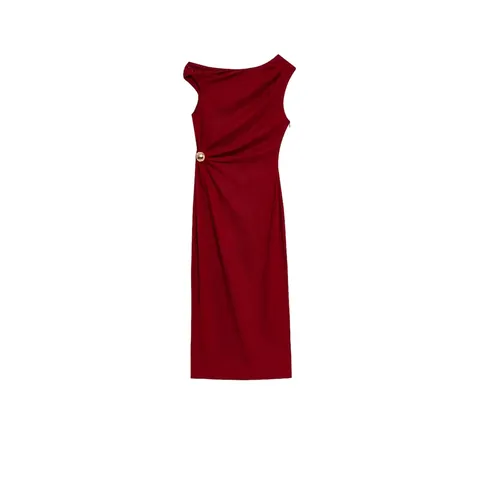 Vestido Midi de Mujer de Un Hombro Asimétrico Sin Mangas Fruncido Con Hebilla de Metal Dorado Elegante Poliéster Color Sólido