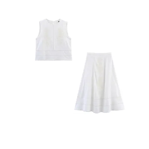 Französische Spitze Patchwork Weste Und A-Linie Rock Damen Baumwollmischung Stickerei Ajouré Ärmelloses Top Midirock Sommer Outfit