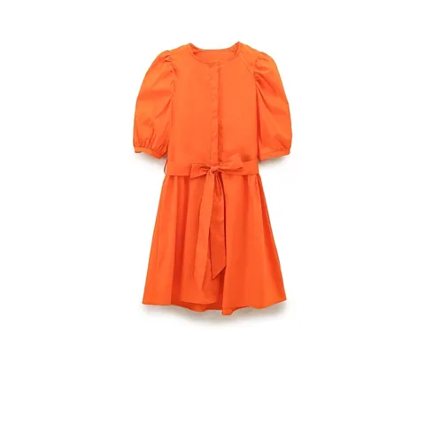 Elegante Midi Jurk Met Pofmouwen Voor Dames Oranjerood Katoenmix Hoge Taille A-Lijn Ronde Hals Strikceintuur Zomerjurk