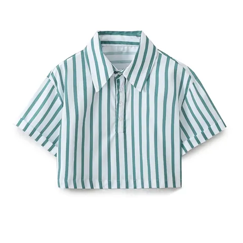 Polo Court Femme Décontracté à Rayures Vert Blanc Manches Courtes Boutonné Streetwear Mode Été Chemisier Court Top