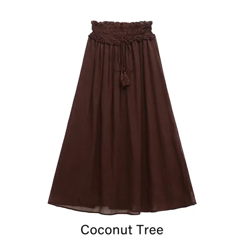 Gonna Lunga Plissettata a Vita Alta Elastica da Donna Con Coulisse a Nappe Doppio Strato in Misto Cotone Linea a Gonna Casual a Tinta Unita