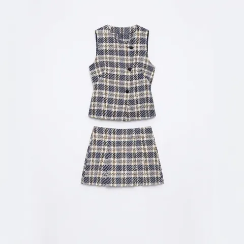 Women Elegant Plaid Tweed Outfits Sleeveless Button Vest And High Waist Culottes Streetwear Casual Coordinates for Women Office Wearing