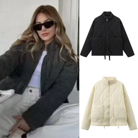 Giacca Trapuntata Casual da Donna Tinta Unita Collo in Piedi Cerniera Grandi Tasche Cappotto a Maniche Lunghe Autunno Inverno