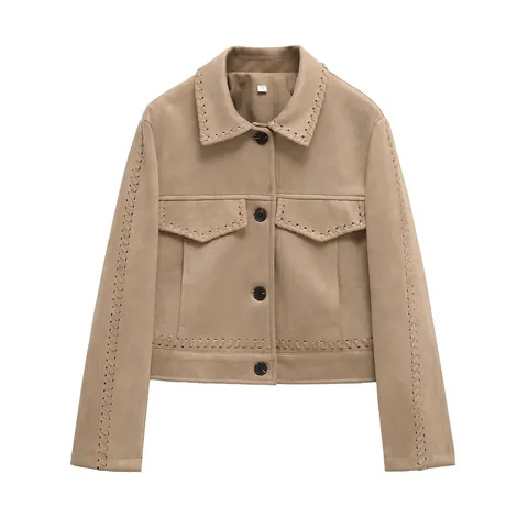 Damen Wildlederimitat Jacke Mit Handgewebten Nähten Einreihig Umlegekragen Kurzmantel Vintage Lässig Outwear Mit Taschen