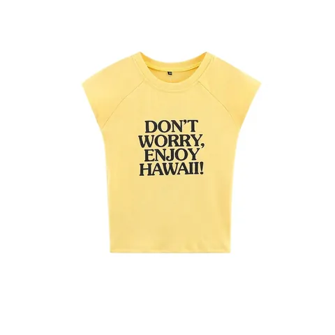 T-Shirt Femme Décontracté en Mélange de Coton Col Rond Manches Courtes Jaune Imprimé Slogan Coupe Slim Top Été